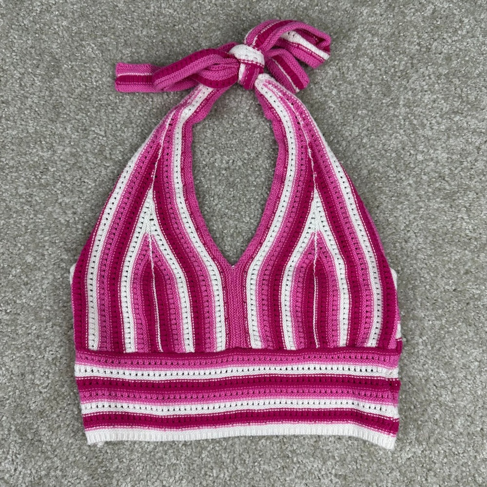 Crochet Halter Crop Top Pink White Striped Boho Festival Knit Size L Festival